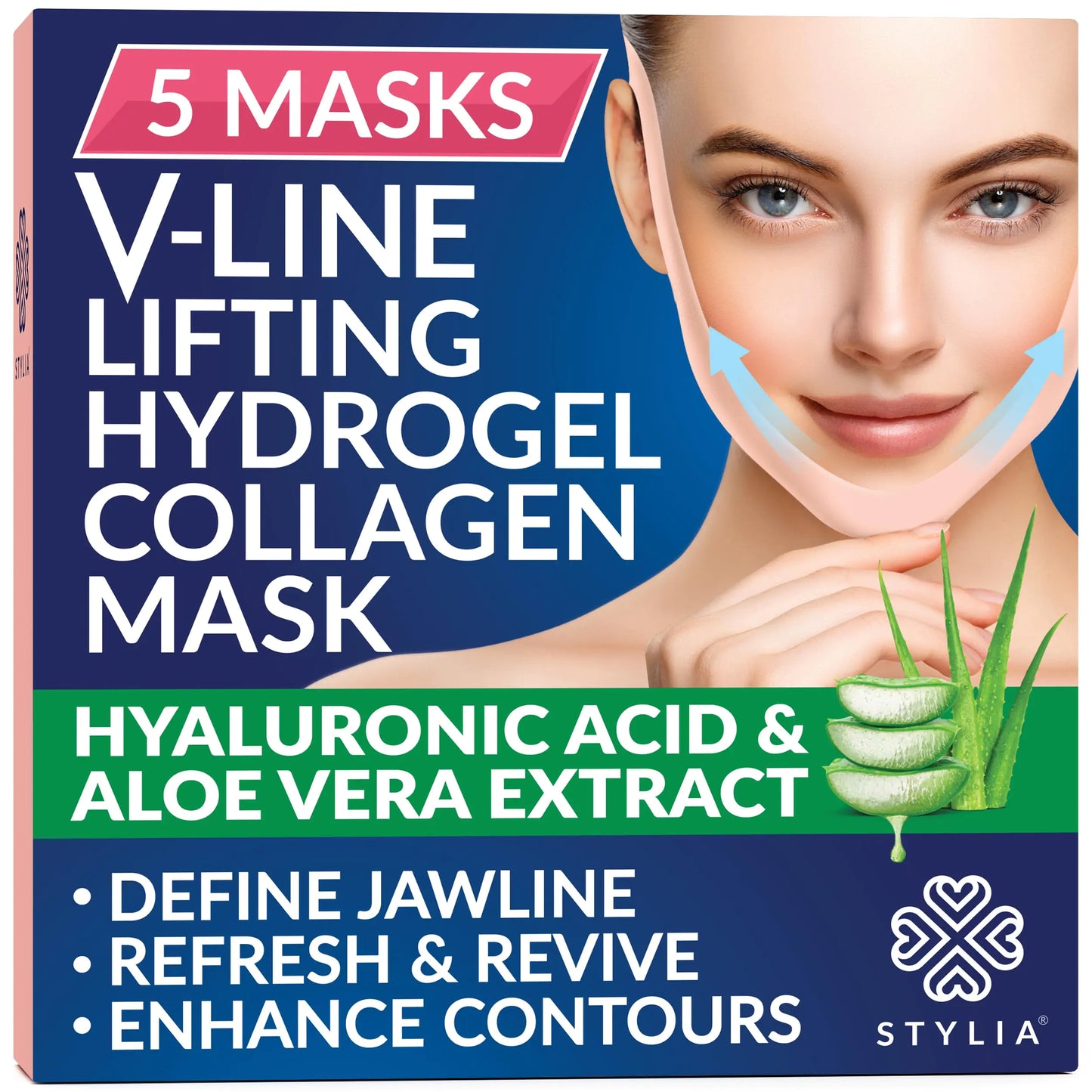 Stylia V-Line Lifting Collagen Face Mask with Hyaluronic Acid & Aloe Vera - Spa Quality Double Chin Strap - Jawline Shaper Face Lift Tape - Chin Strap for Sleeping - Self Care Gifts for Women - 5PC