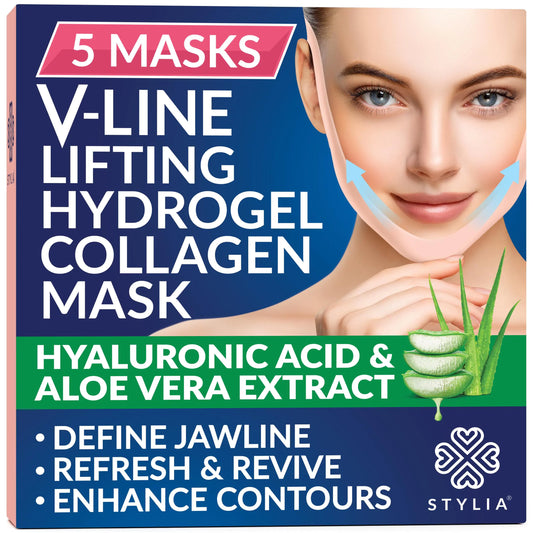 Stylia V-Line Lifting Collagen Face Mask with Hyaluronic Acid & Aloe Vera - Spa Quality Double Chin Strap - Jawline Shaper Face Lift Tape - Chin Strap for Sleeping - Self Care Gifts for Women - 5PC